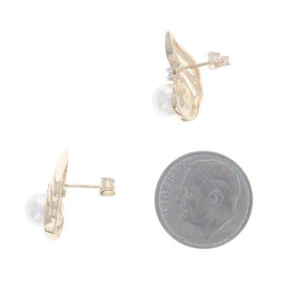 Yellow Gold Pearl Diamond Stud Earrings - 10k Swirl Pierced - Picture 3 of 3